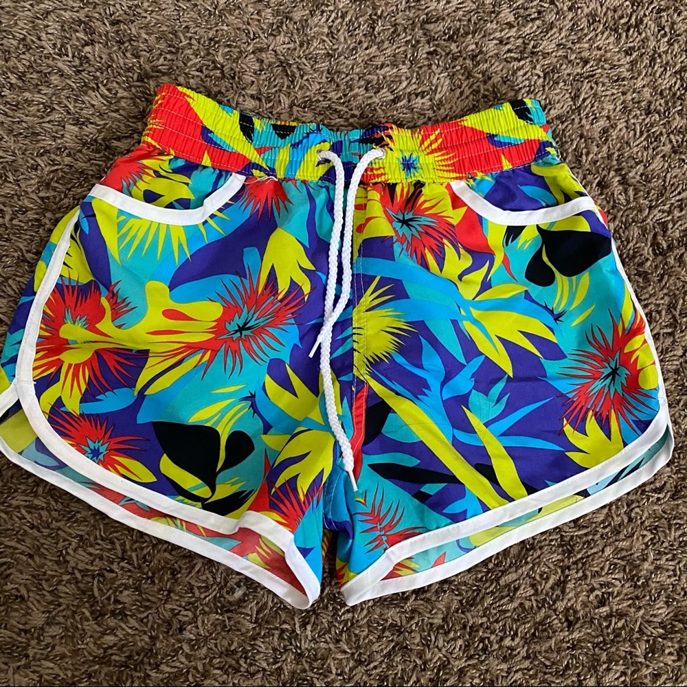 Neon tropical swim shorts